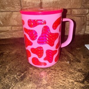 Brand New. Pink and Red Patterned Glass Mug